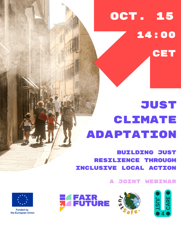 Banner announcing the joint FairFuture, JUST4CARE and JustSafe webinar on 15 October 2026